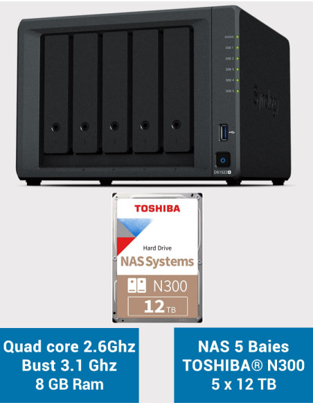 Synology DiskStation® DS1522+ NAS Server Toshiba N300 60TB (5x12TB)