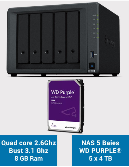 Synology DiskStation® DS1522+ Servidor NAS WD PURPLE 20TB (5x4TB)