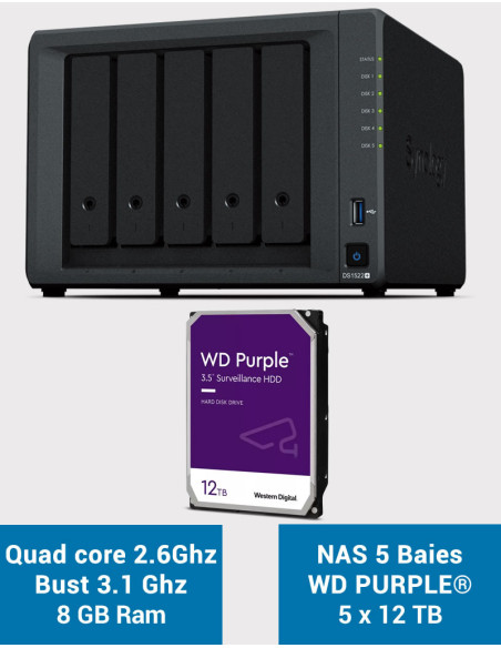 Synology DiskStation® DS1522+ Servidor NAS WD PURPLE 60TB (5x12TB)