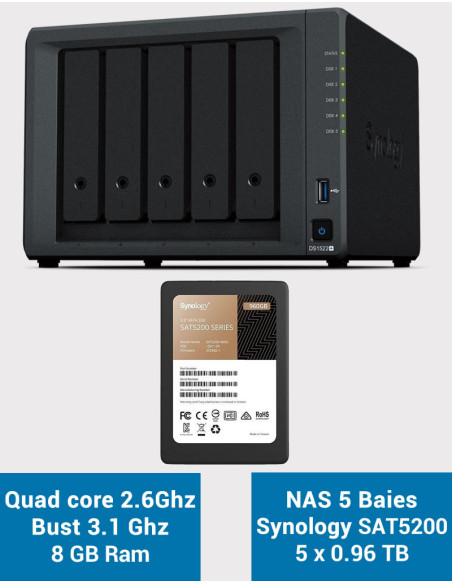Synology DiskStation® DS1522+ Serveur NAS SAT5200 4.8To (5x960Go)