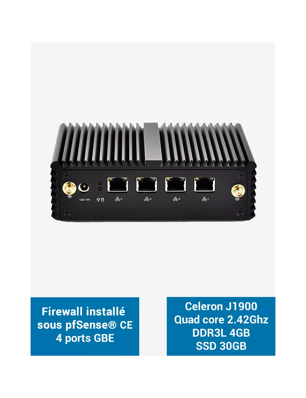 Firewall pfSense® Q1x J1900 4 puertos GbE 4GB SSD 30GB