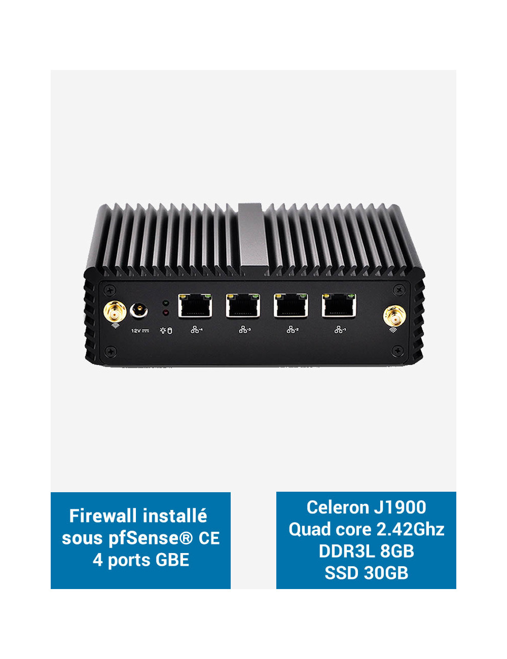 Firewall pfSense® Q1x J1900 4 puertos GbE 8GB SSD 30GB