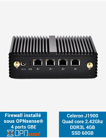 Firewall OPNsense® Q1x Celeron J1900 4 ports Gigabit 4Go SSD 60Go