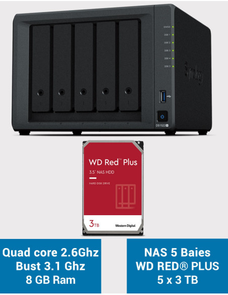 Synology DiskStation® DS1522+ Servidor NAS WD RED PLUS 15TB (5x3TB)