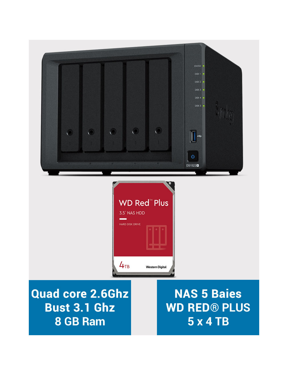 Synology DiskStation® DS1522+ NAS Server WD RED PLUS 20TB (5x4TB)