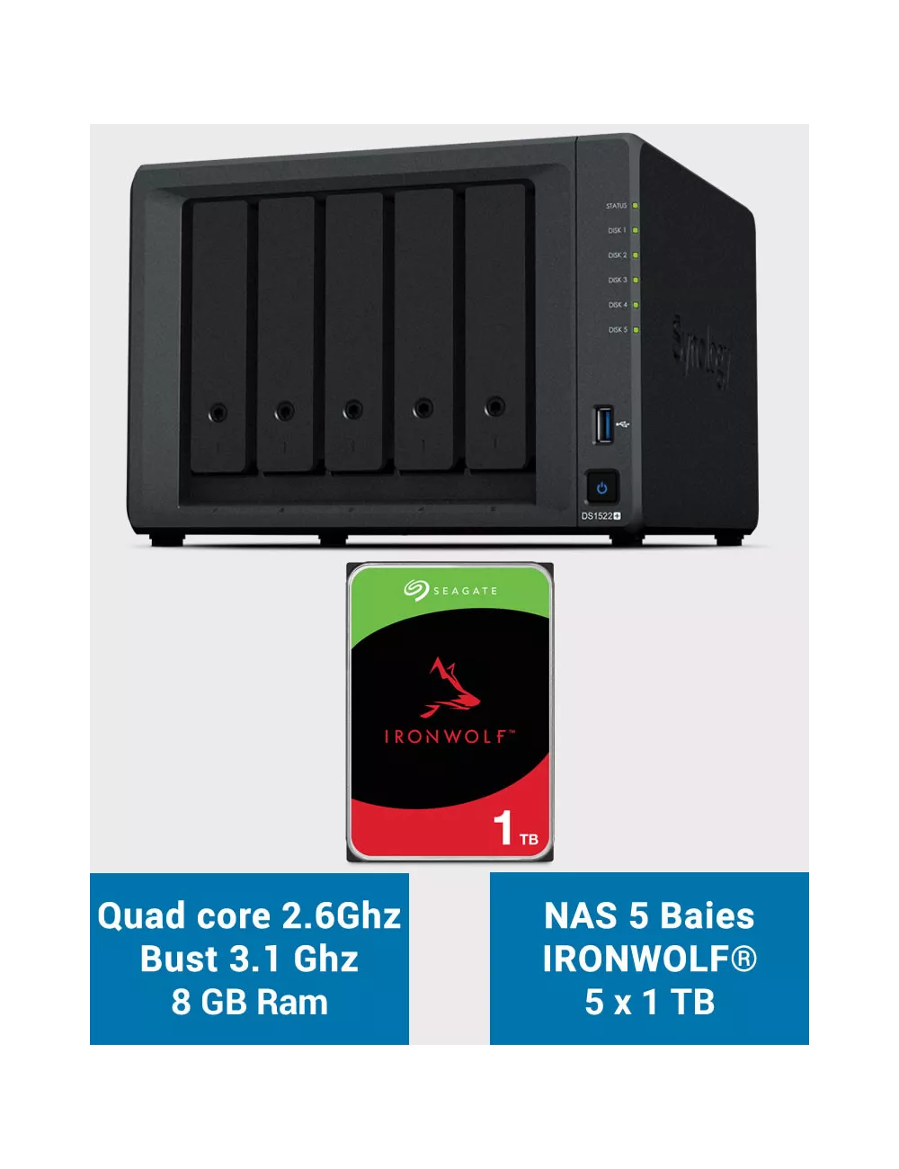 Synology DiskStation® DS1522+ Servidor NAS IRONWOLF 5TB (5x1TB)