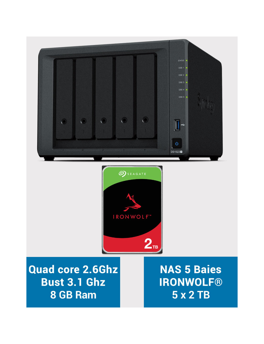 Synology DiskStation® DS1522+ Serveur NAS IRONWOLF 10To (5x2To)