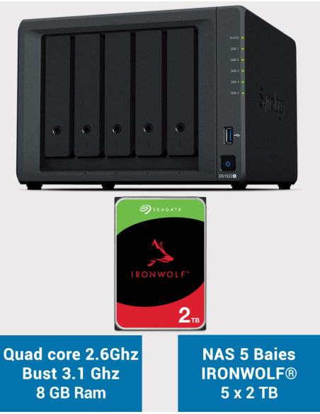 Synology DiskStation® DS1522+ Serveur NAS IRONWOLF 10To (5x2To)