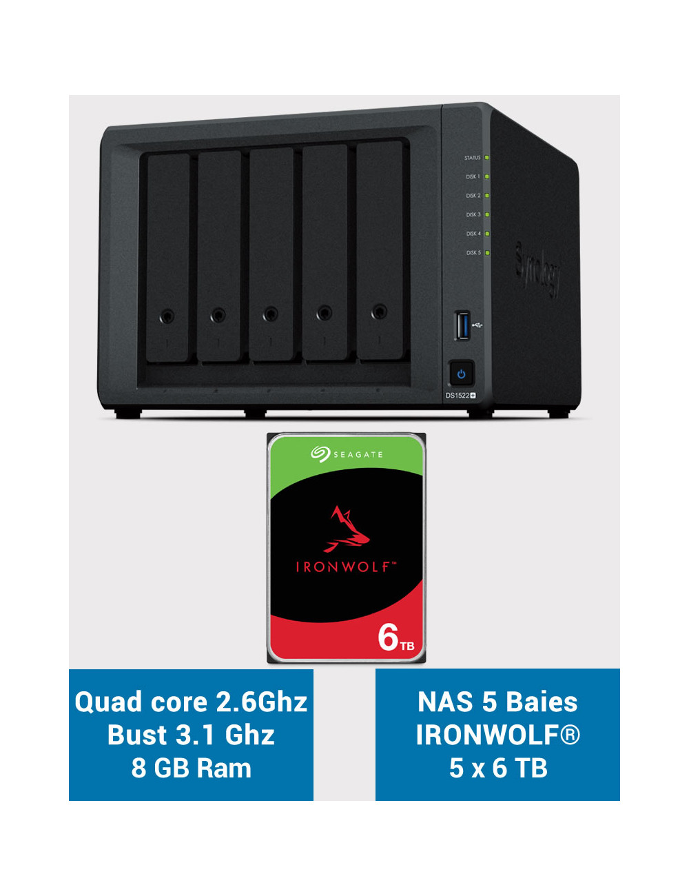 Synology DiskStation® DS1522+ Serveur NAS IRONWOLF 30To (5x6To)