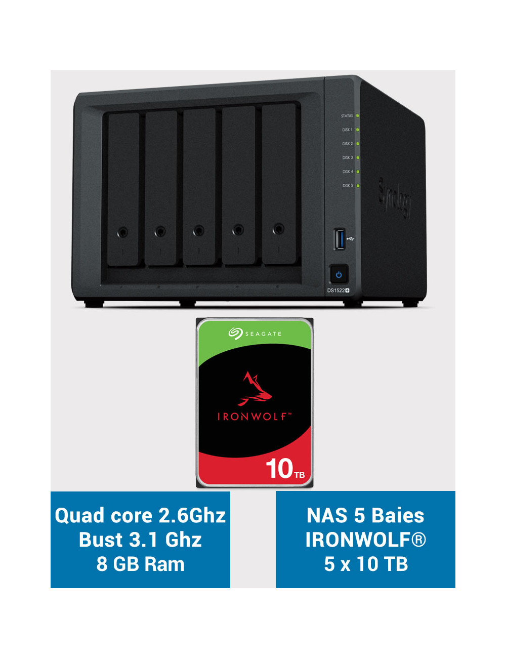 Synology DiskStation® DS1522+ Serveur NAS IRONWOLF 50To (5x10To)