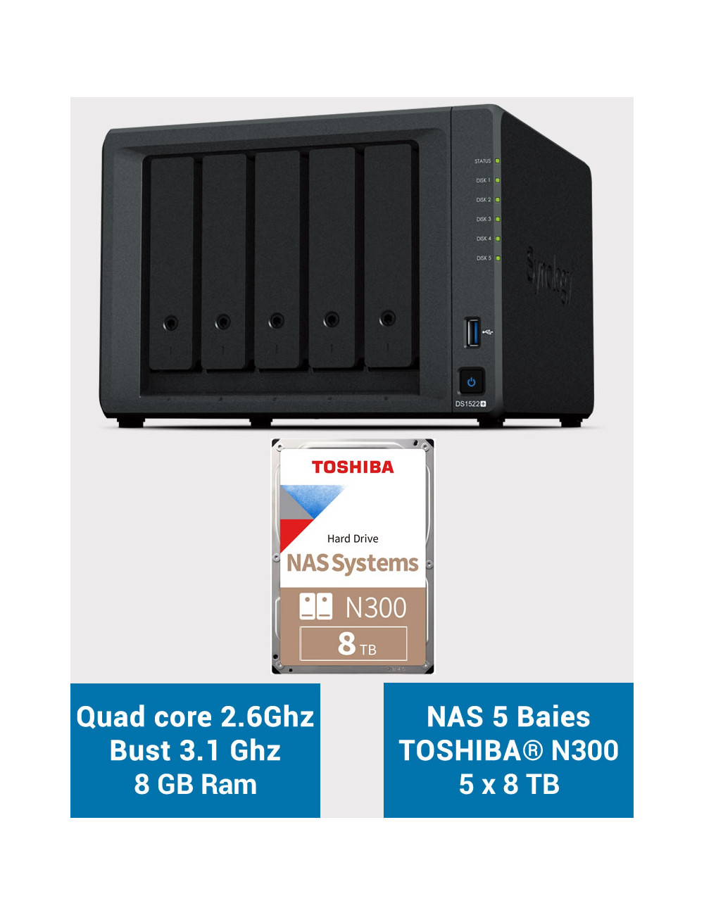 Synology DiskStation® DS1522+ NAS Server Toshiba N300 40TB (5x8TB)