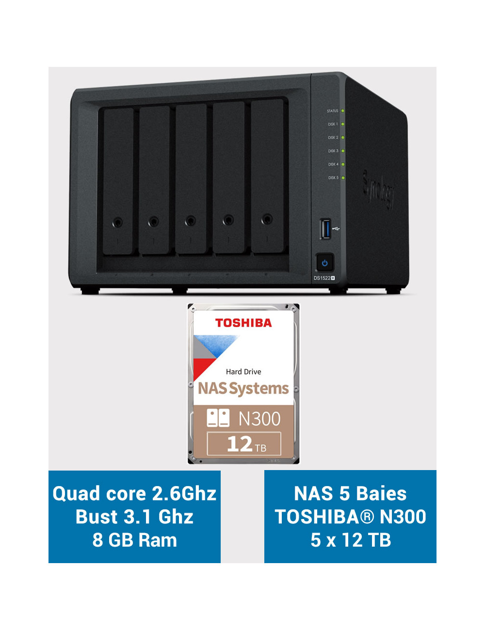 Synology DiskStation® DS1522+ Serveur NAS Toshiba N300 60To (5x12To)