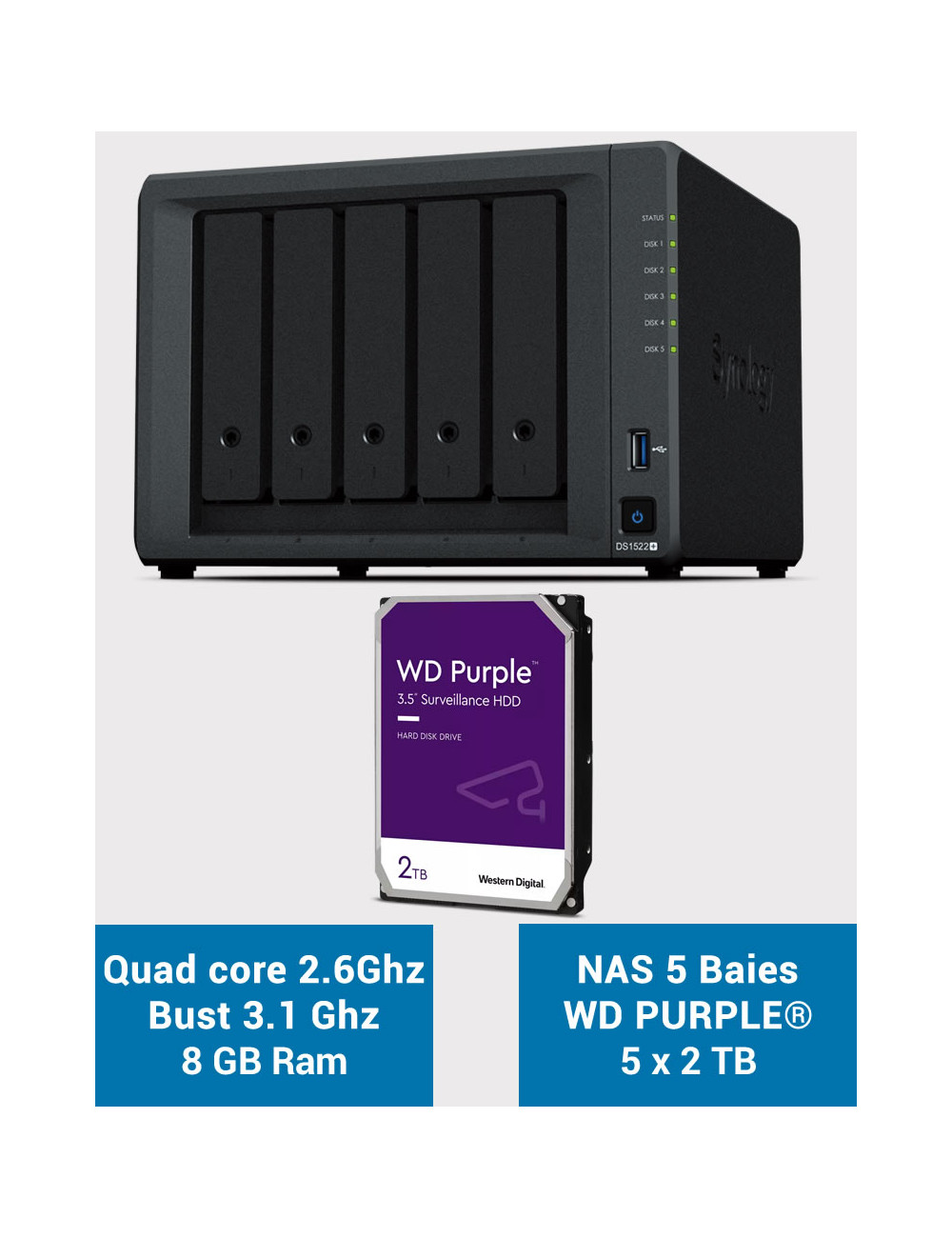 Synology DiskStation® DS1522+ Serveur NAS WD PURPLE 10To (5x2To)