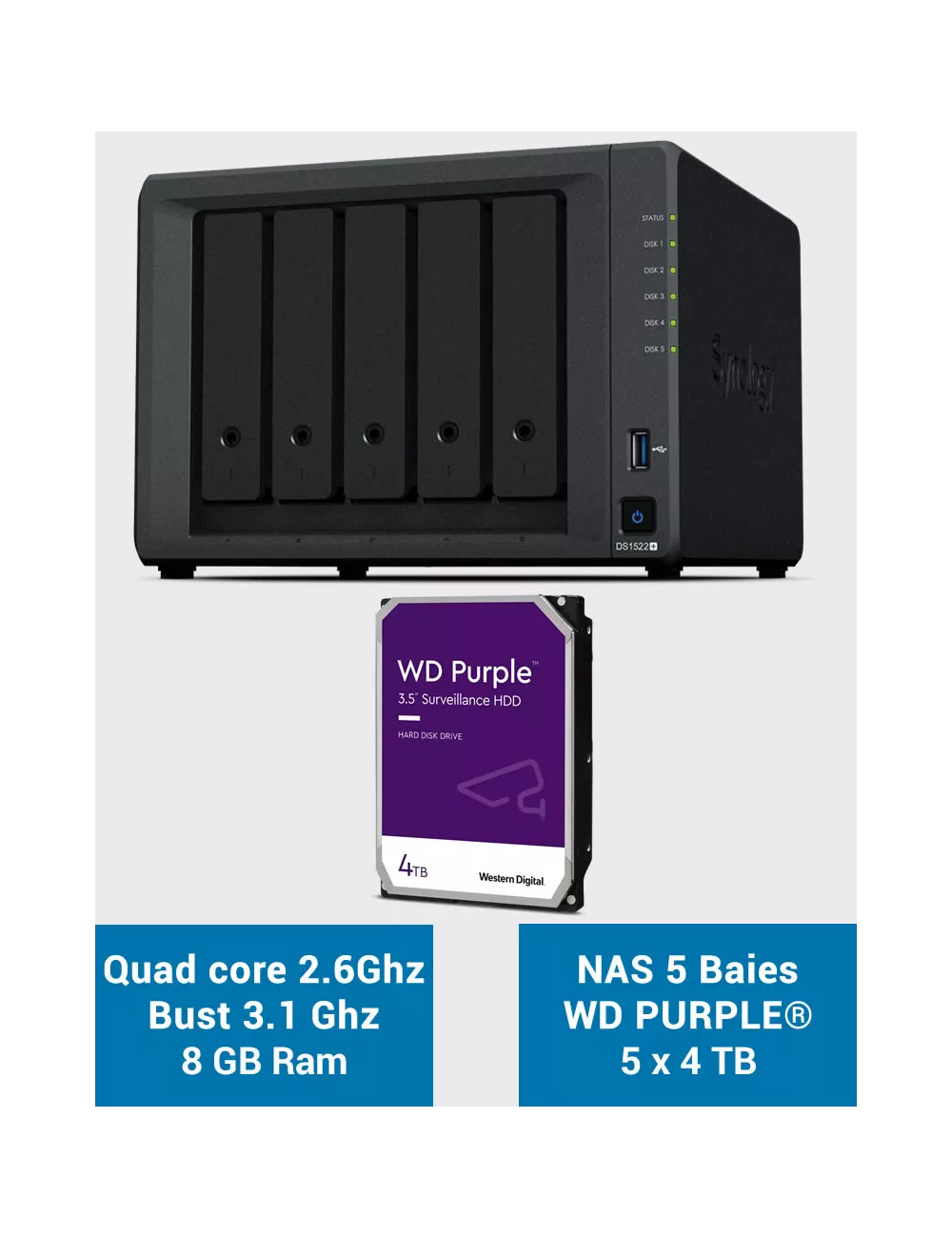 Synology DiskStation® DS1522+ NAS Server WD PURPLE 20TB (5x4TB)