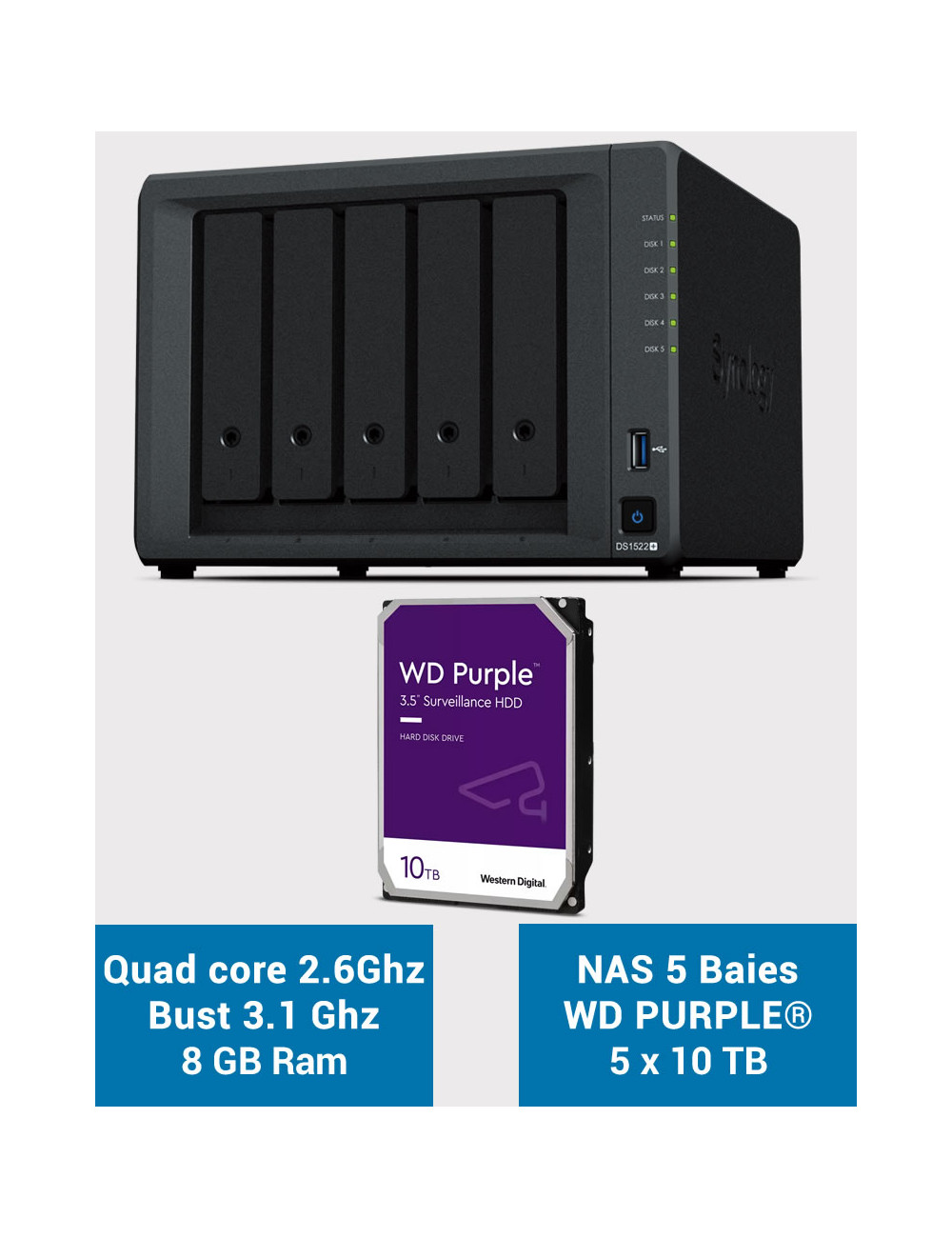 Synology DiskStation® DS1522+ NAS Server WD PURPLE 50TB (5x10TB)