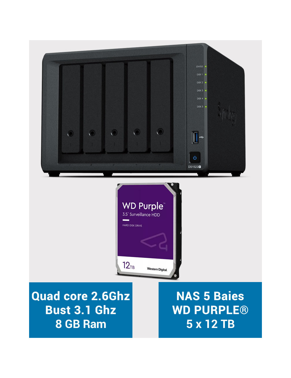 Synology DiskStation® DS1522+ NAS Server WD PURPLE 60TB (5x12TB)