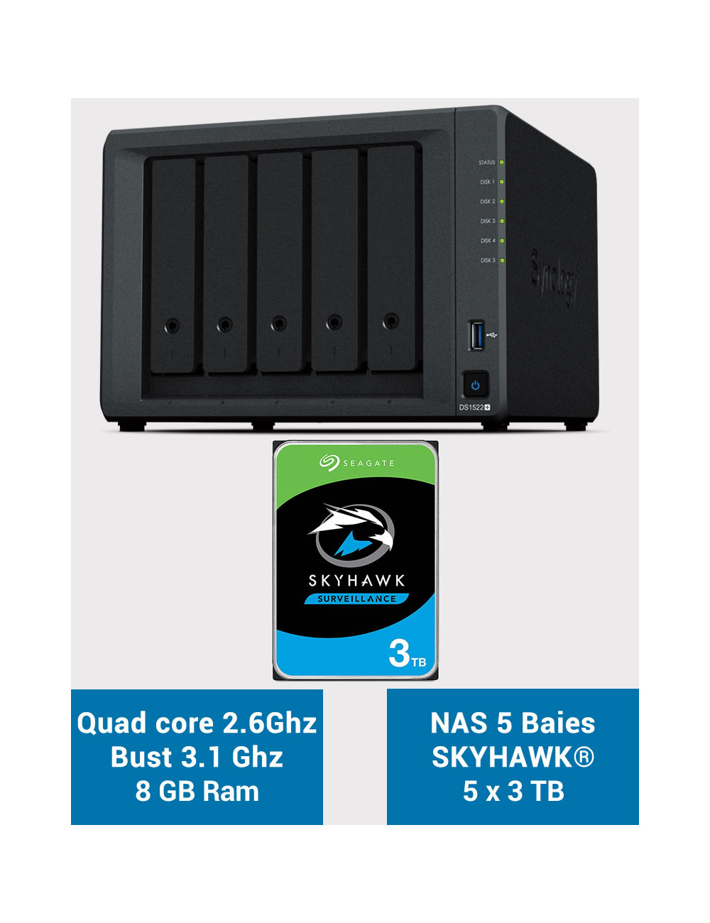 Synology DiskStation® DS1522+ Servidor NAS SKYHAWK 15TB (5x3TB)