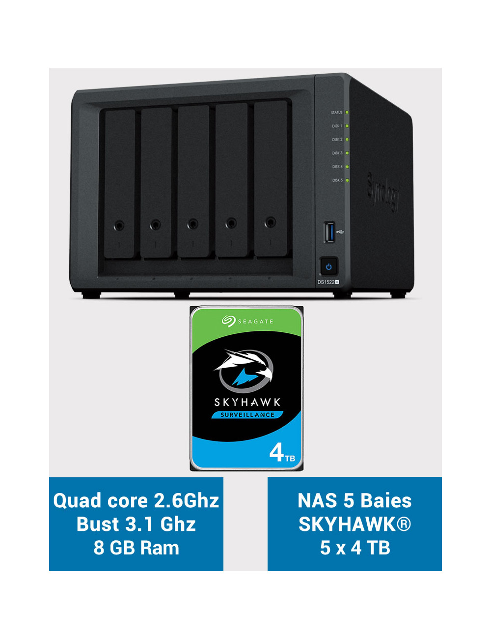 Synology DiskStation® DS1522+ Servidor NAS SKYHAWK 20TB (5x4TB)