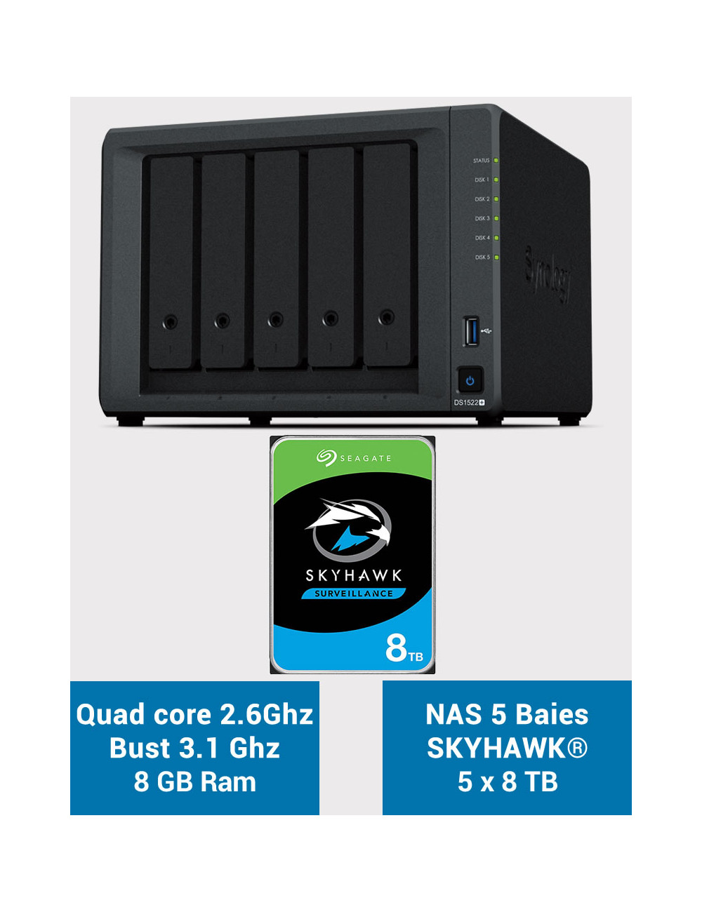 Synology DiskStation® DS1522+ Servidor NAS SKYHAWK 40TB (5x8TB)