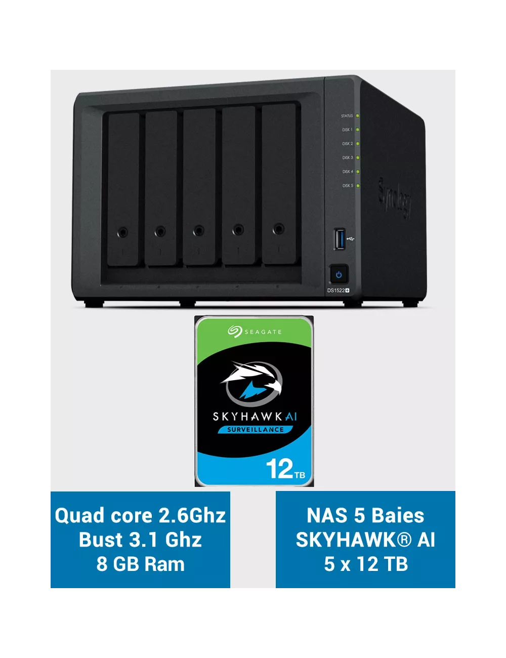 Synology DiskStation® DS1522+ Servidor NAS SKYHAWK 60TB (5x12TB)