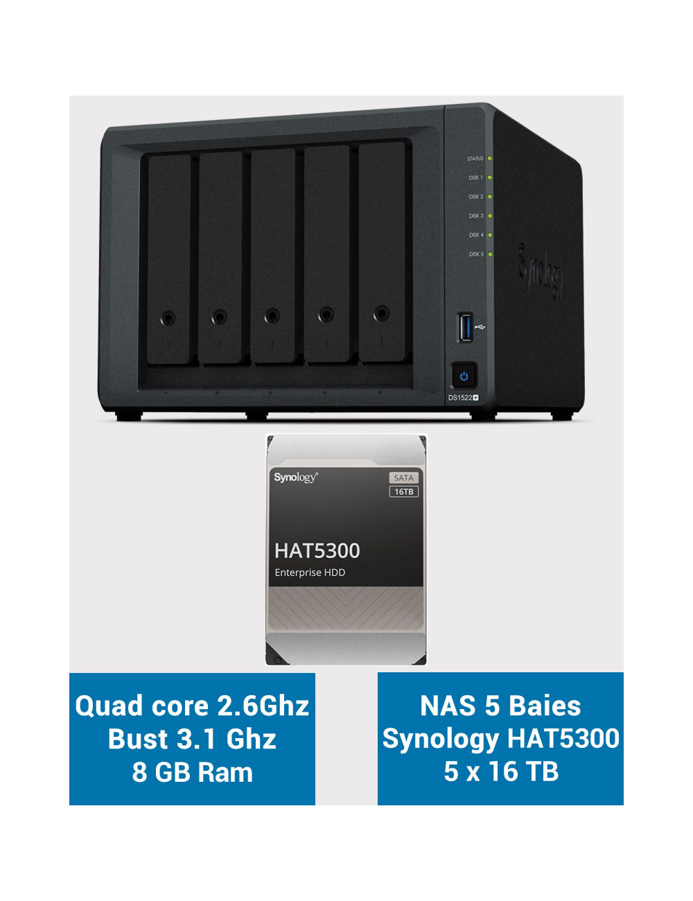 Synology DiskStation® DS1522+ Serveur NAS HAT5300 80To (5x16To)