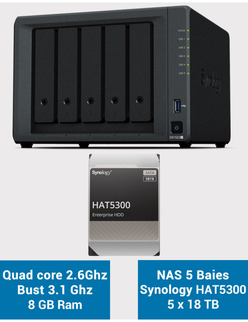 Synology DiskStation® DS1522+ Serveur NAS HAT5300 90To (5x18To)