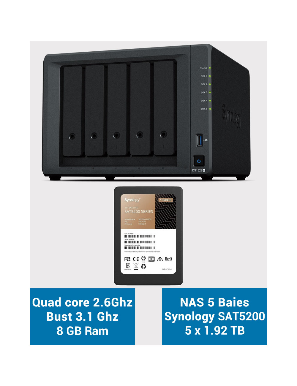 Synology DiskStation® DS1522+ Servidor NAS SAT5200 9.6TB (5x1920GB)