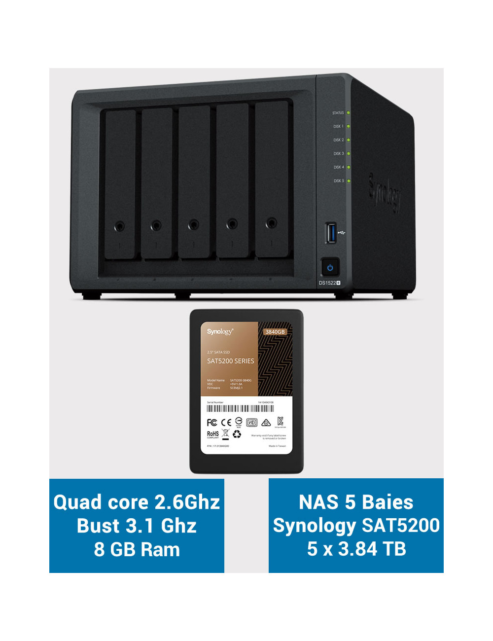 Synology DiskStation® DS1522+ Serveur NAS SAT5200 19.2To (5x3840Go)