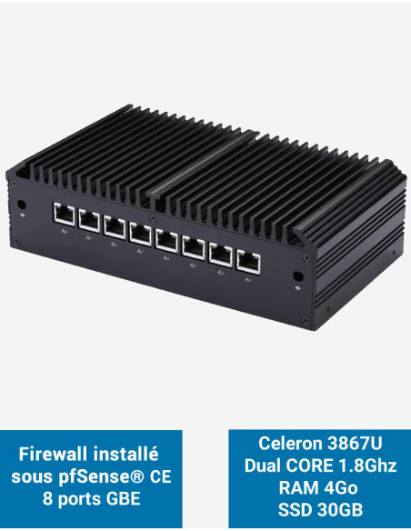 Firewall Q8x Celeron 3867U 8 ports GbE 4GB 30GB