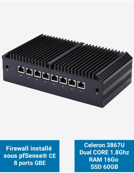 Cortafuegos Q8x Celeron 3867U 8 puertos GbE 16GB 60GB