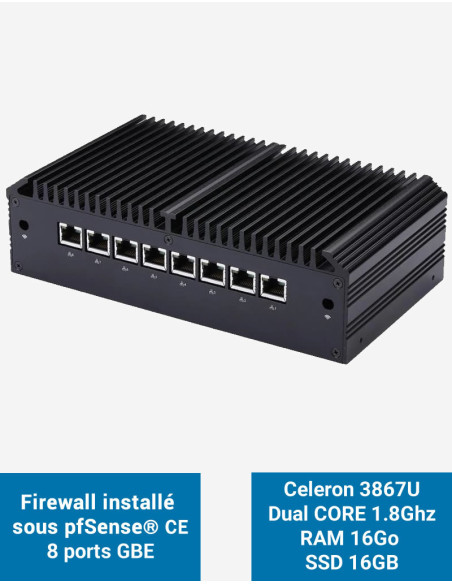 Cortafuegos Q8x Celeron 3867U 8 puertos GbE 16GB 16GB