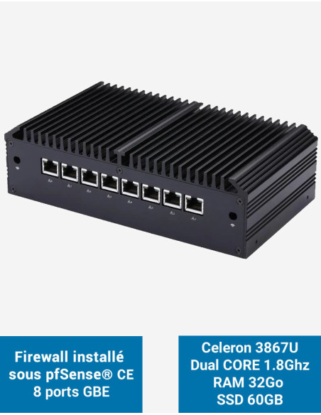 Cortafuegos Q8x Celeron 3867U 8 puertos GbE 32GB 60GB