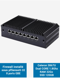 Cortafuegos Q8x Celeron 3867U 8 puertos GbE 32GB 120GB