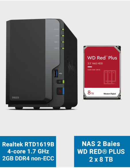 Synology DS223 Serveur NAS WD RED PLUS 16To (2x8To)