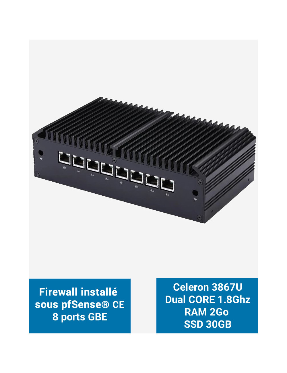 Cortafuegos Q8x Celeron 3867U 8 puertos GbE 2GB 30GB
