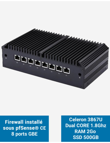 Cortafuegos Q8x Celeron 3867U 8 puertos GbE 2GB 500GB