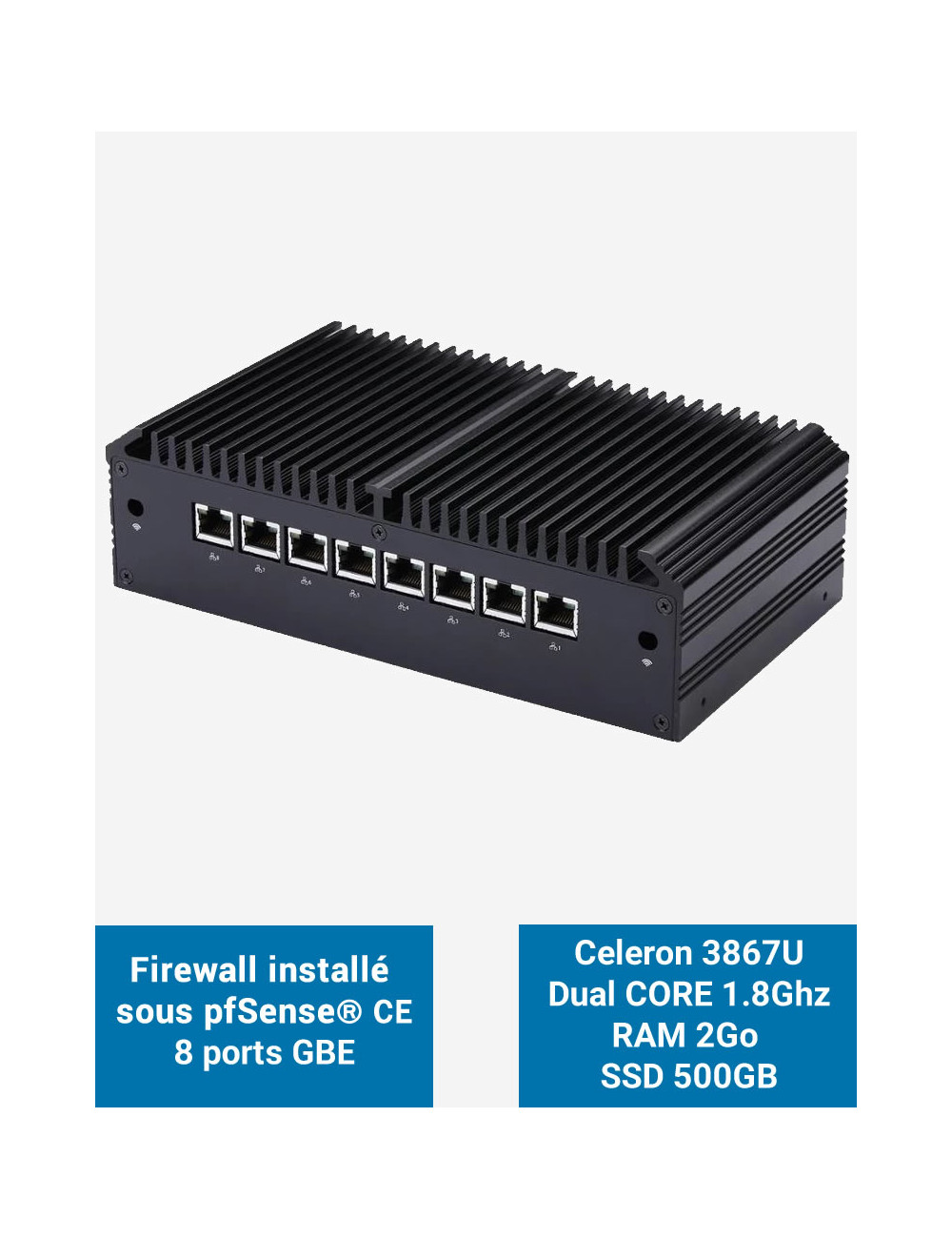 Firewall Q8x Celeron 3867U 8 ports GbE 2GB 500GB