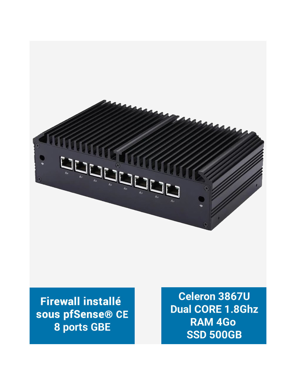 Firewall Q8x Celeron 3867U 8 ports GbE 4GB 500GB