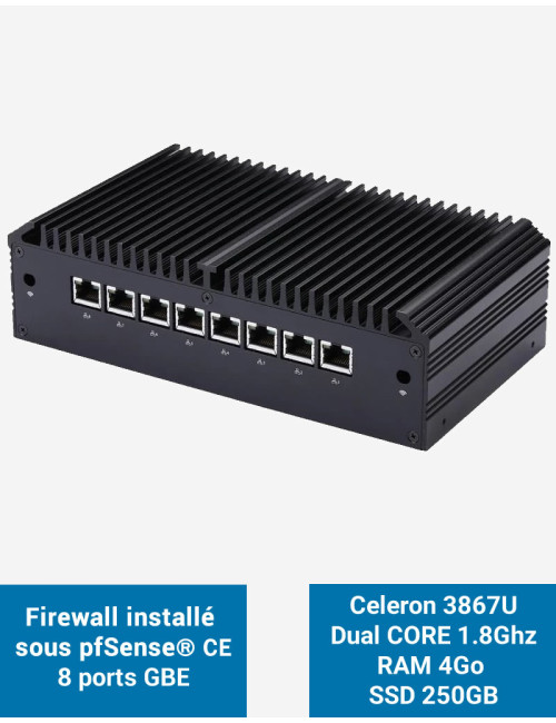 Firewall Q8x Celeron 3867U 8 ports GbE 4GB 250GB