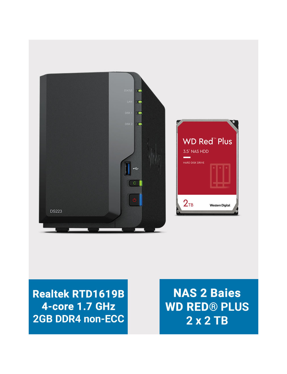 Synology DS223 Servidor NAS WD RED PLUS 4TB (2x2TB)
