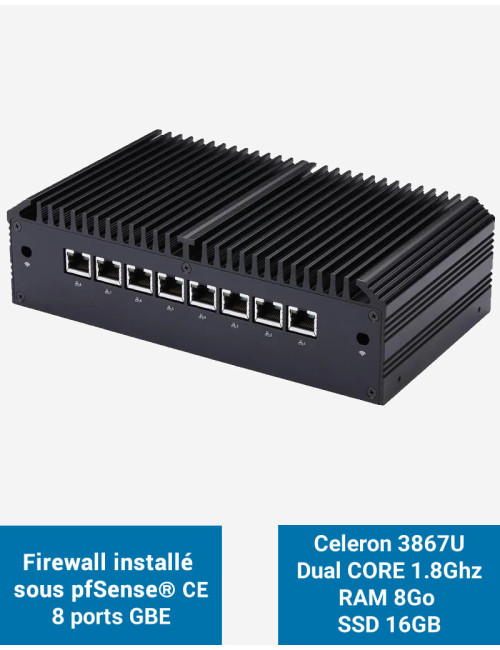 Firewall Q8x Celeron 3867U 8 ports GbE 8GB 16GB