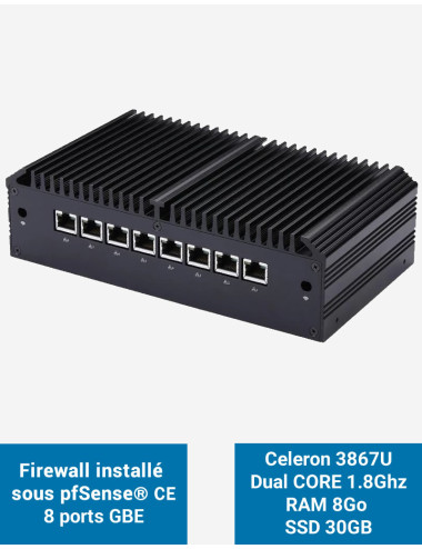 Firewall Q8x Celeron 3867U 8 ports GbE 8GB 30GB
