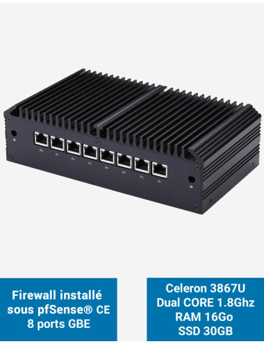 Firewall Q8x Celeron 3867U 8 ports GbE 16GB 30GB