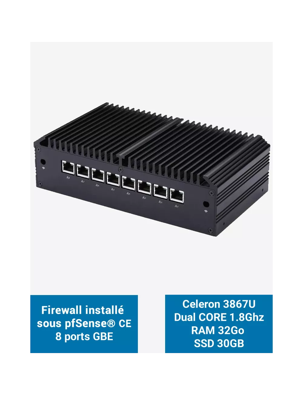 Cortafuegos Q8x Celeron 3867U 8 puertos GbE 32GB 30GB