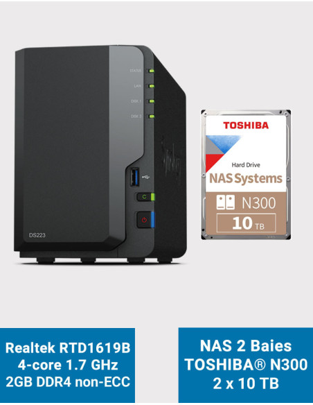Synology DS223 Serveur NAS Toshiba N300 20To (2x10To)