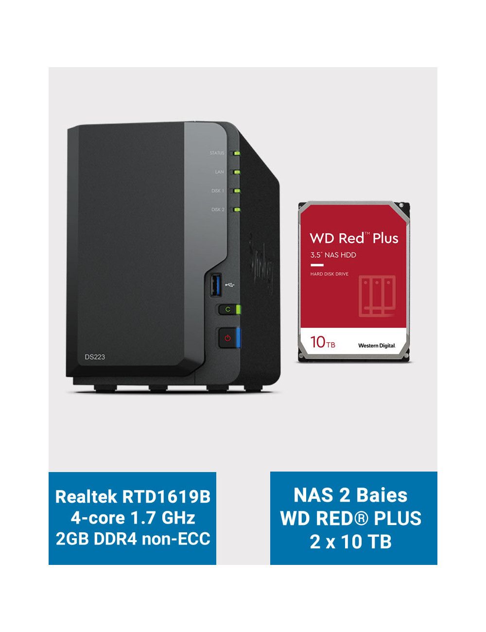 Synology DS223 Serveur NAS WD RED PLUS 20To (2x10To)