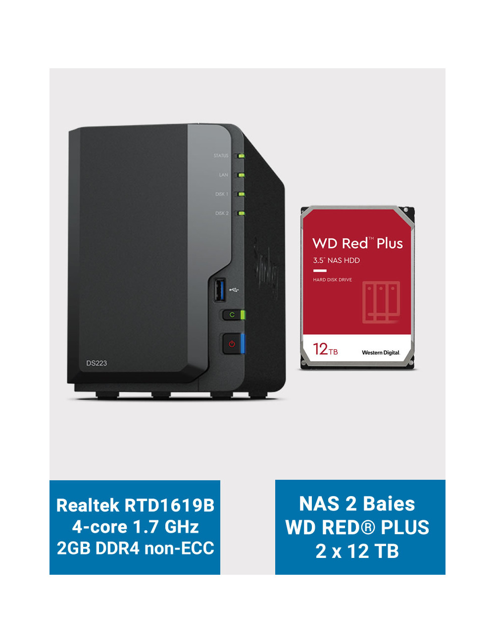 Synology DS223 Servidor NAS WD RED PLUS 24TB (2x12TB)