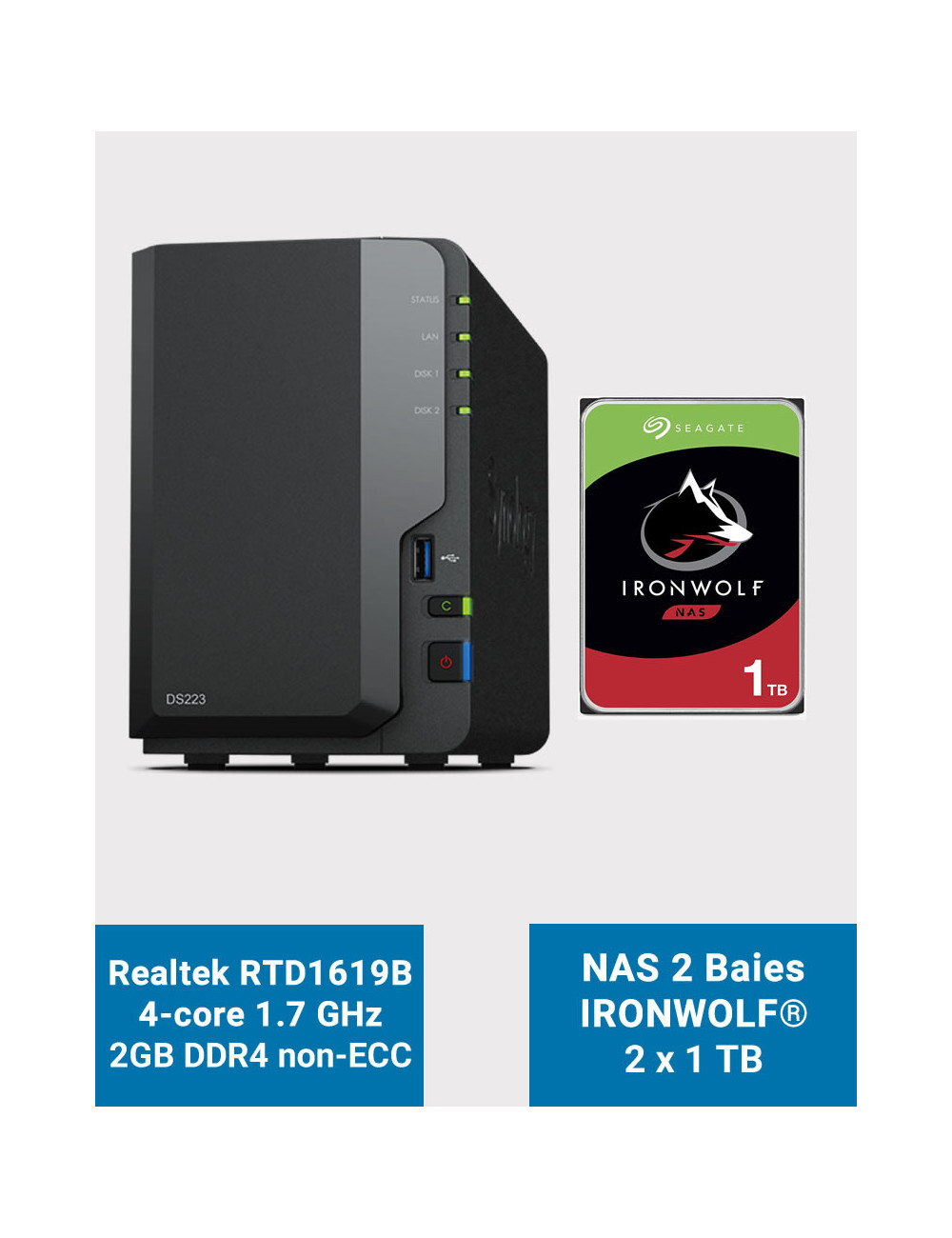Synology DS223 NAS Server IronWolf 2TB (2x1TB)