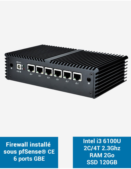 Firewall pfSense® Q5x Intel i3 6100U 6 ports Gigabit 2Go SSD 120Go