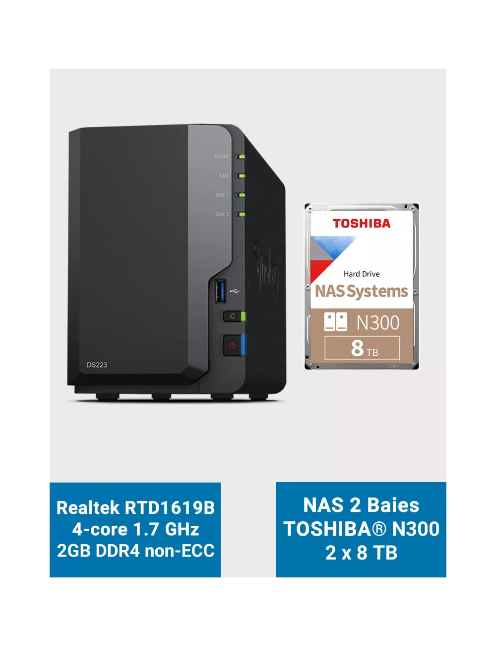 Synology DS223 Serveur NAS Toshiba N300 16To (2x8To)